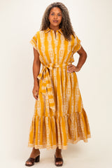 Mustard Damask Print Maternity Plus Midi Shirt Dress