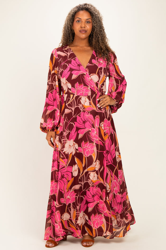 Burgundy Floral Deep V-Neck Maternity Plus Maxi Dress