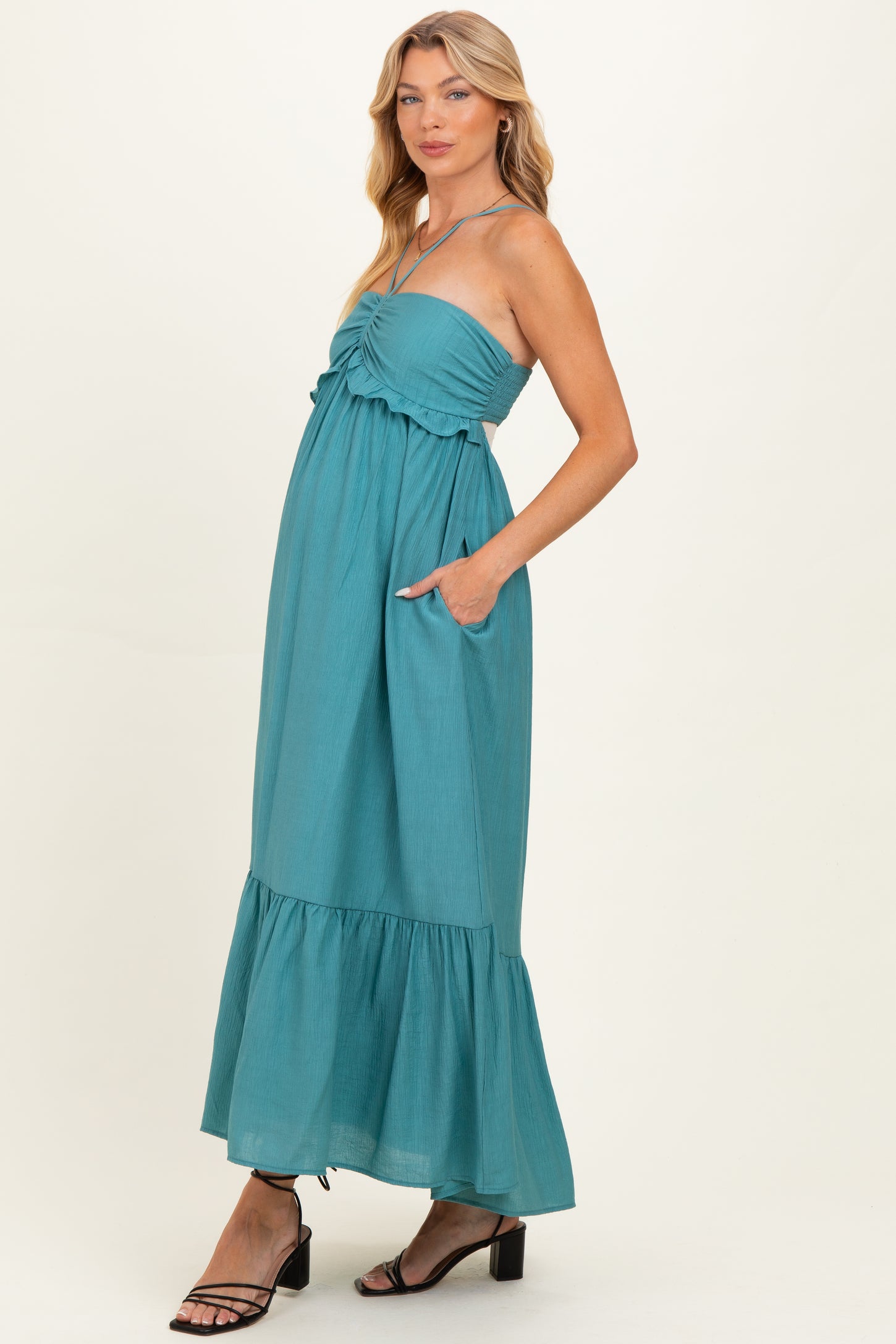 Aqua Teal Halter Neck Tiered Cutout Maternity Maxi Dress