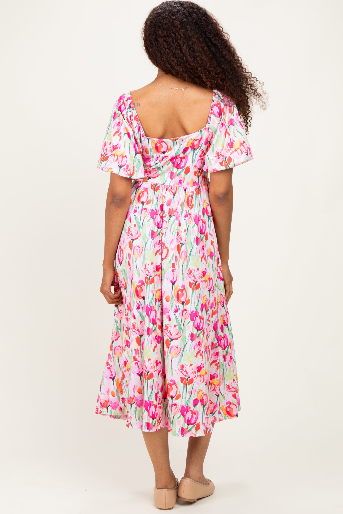 Pink Floral Square Neck Babydoll Maxi Dress