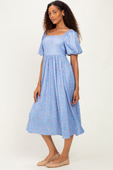 Light Blue Floral Bubble Short Sleeve Babydoll Dress