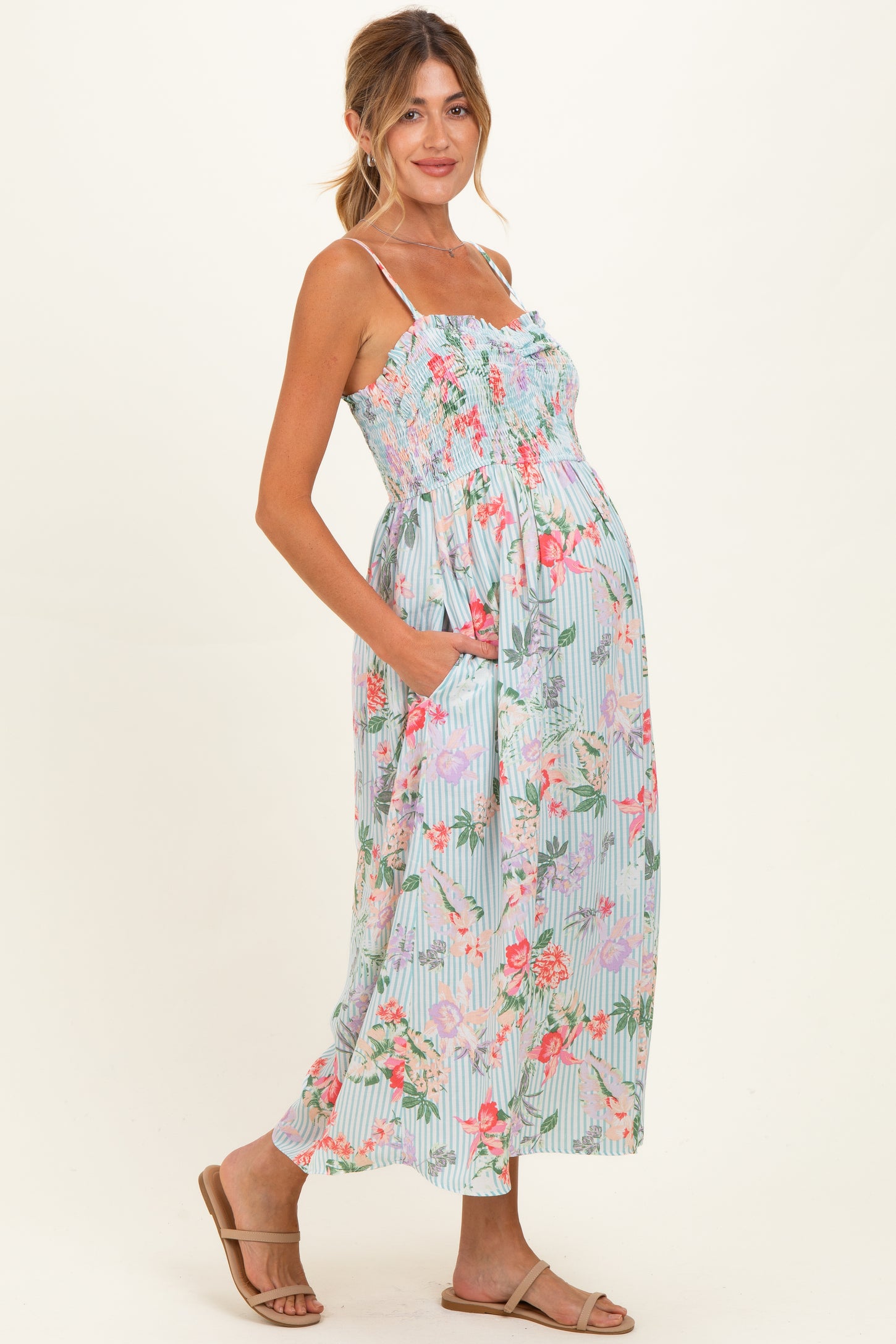 Aqua Multi Floral Print Smocked Chest Maternity Maxi Dress
