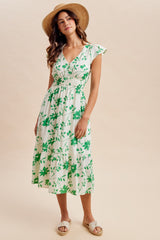 Green Floral Button Detail Maternity Midi Dress