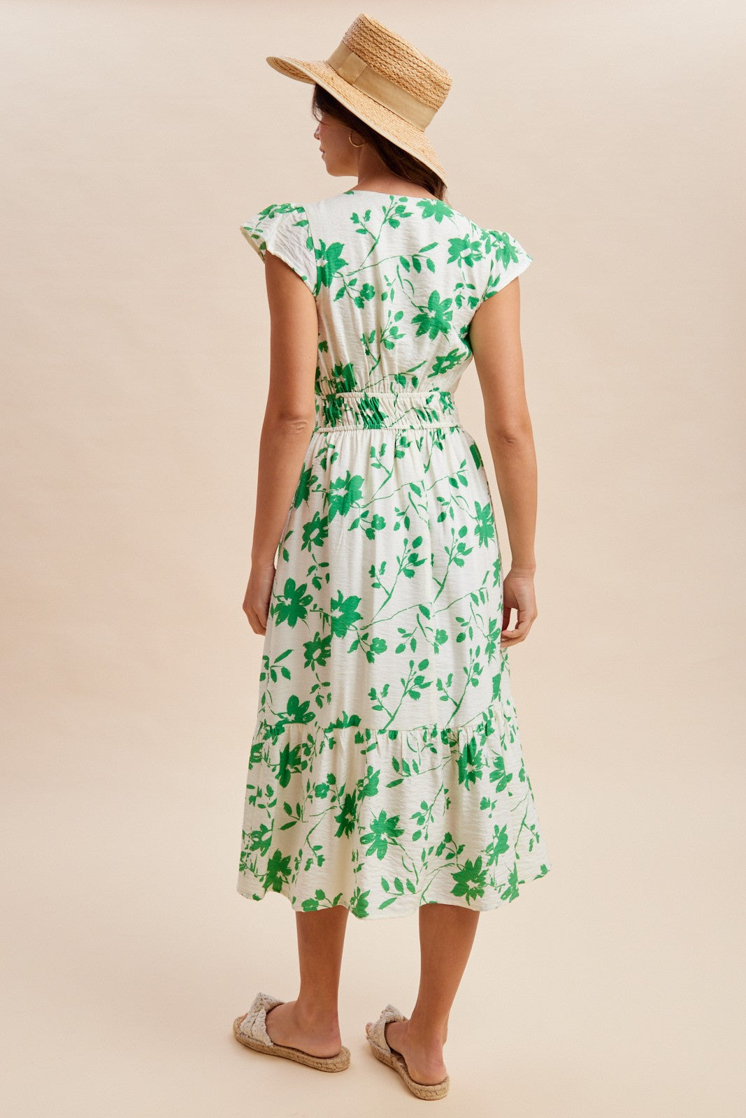 Green Floral Button Detail Midi Dress