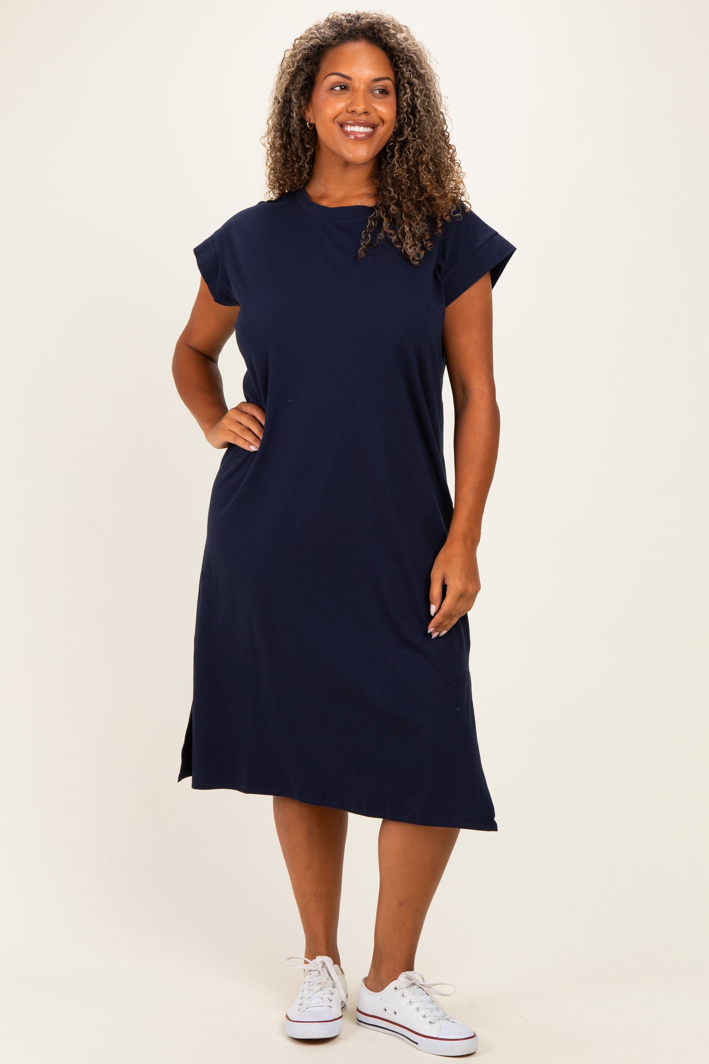 Navy Plus Round Neck Maternity Short Sleeve Midi Dress