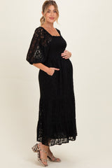 Black Lace Smocked Maternity Midi Dress