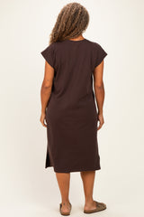 Brown Plus Round Neck Short Sleeve Midi Dress