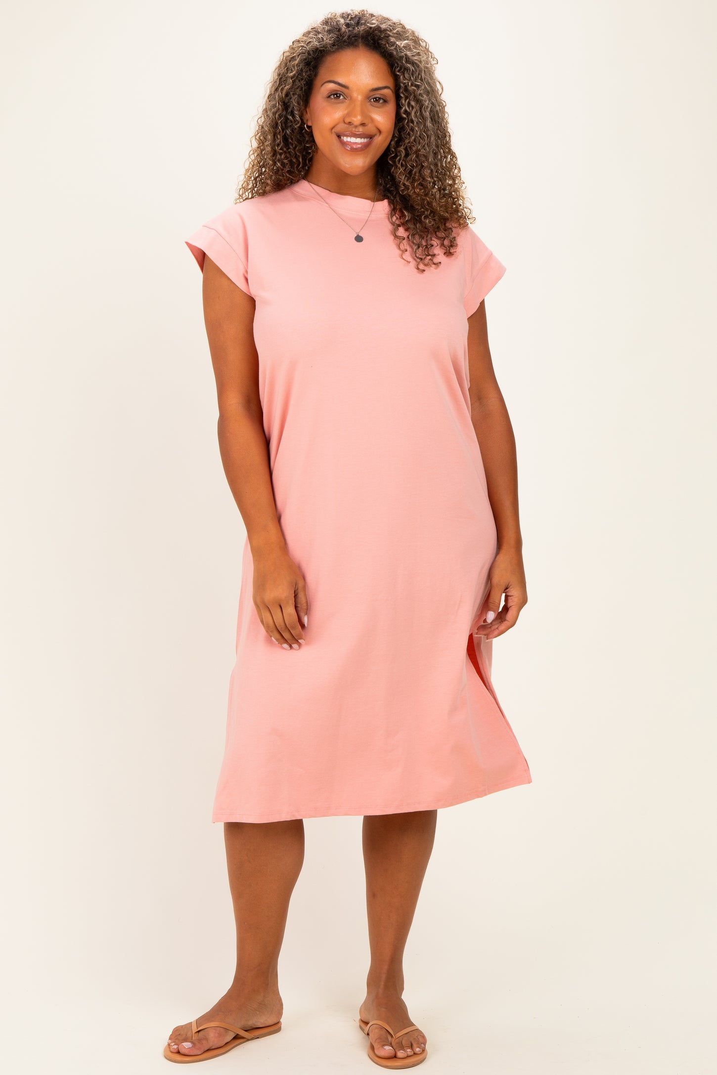 Pink Plus Round Neck Short Sleeve Midi Dress