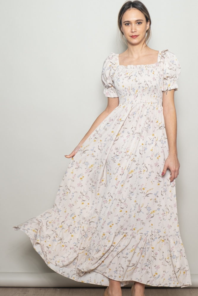 Cream Floral Ruffle Accent Smocked Maxi Dress