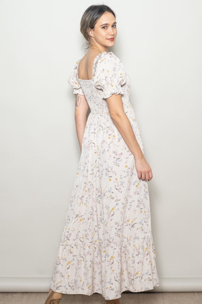 Cream Floral Ruffle Accent Smocked Maxi Dress