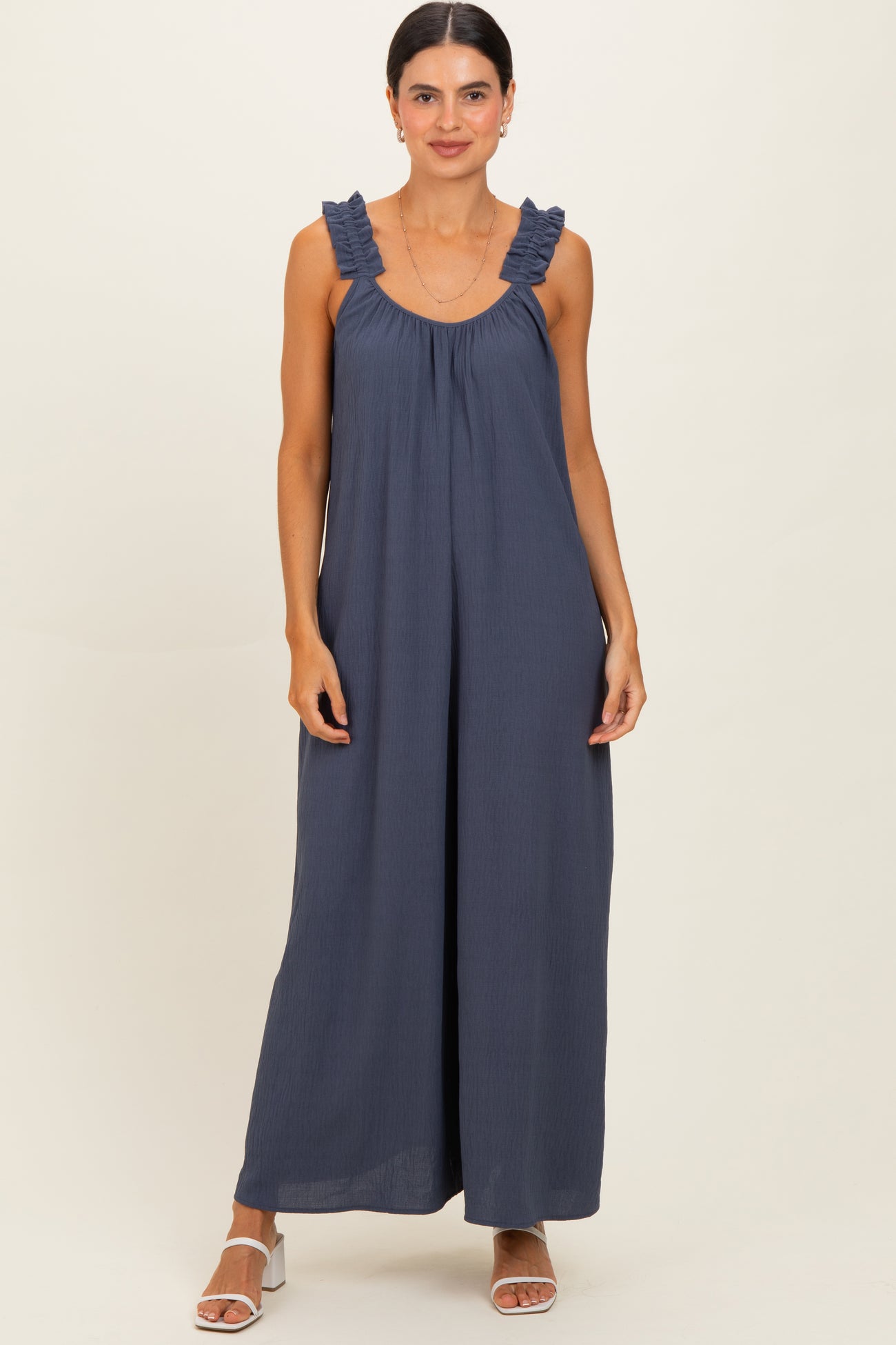 Navy Ruffle Strap Maternity Wide Leg Jumpsuit
