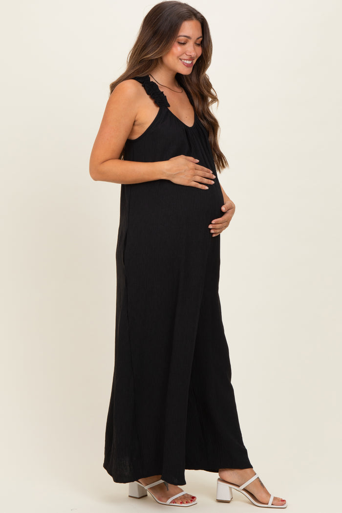 Black Ruffle Strap Maternity Wide Leg Jumpsuit
