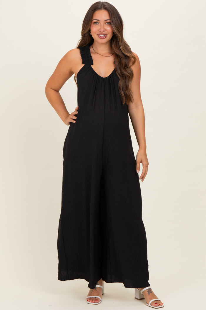 Black Ruffle Strap Maternity Wide Leg Jumpsuit