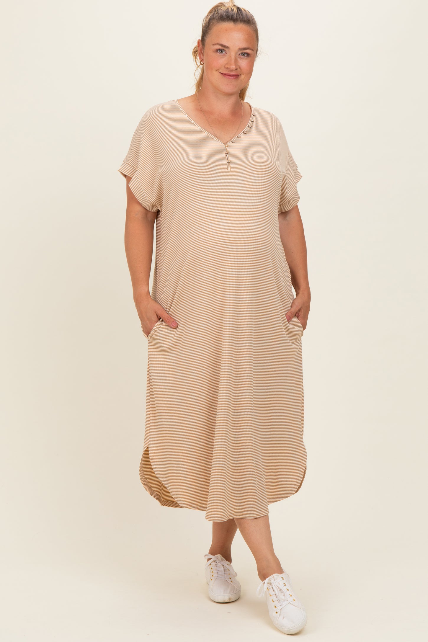 Camel Striped Button Detail Maternity Plus Midi Dress
