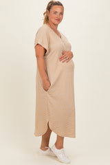 Camel Striped Button Detail Maternity Plus Midi Dress