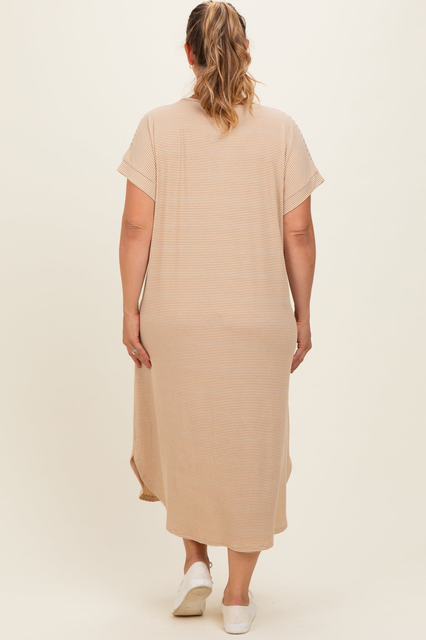 Camel Striped Button Detail Maternity Plus Midi Dress