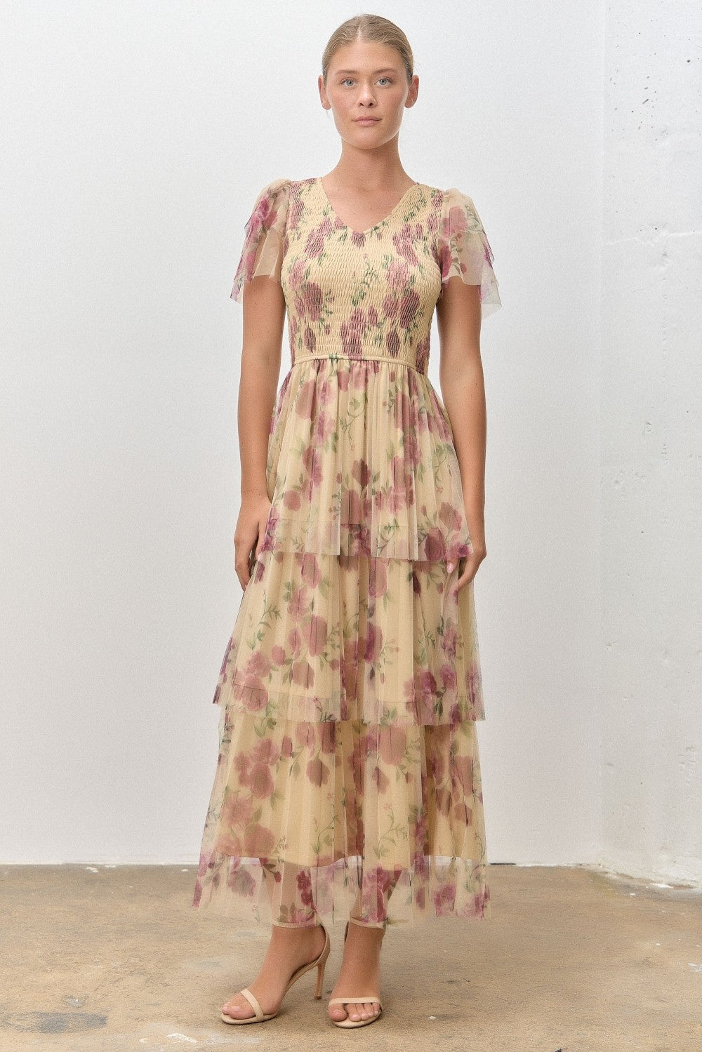Yellow Floral Print Smocked Tiered Midi Dress