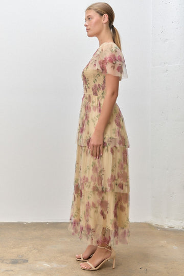 Yellow Floral Print Smocked Tiered Midi Dress