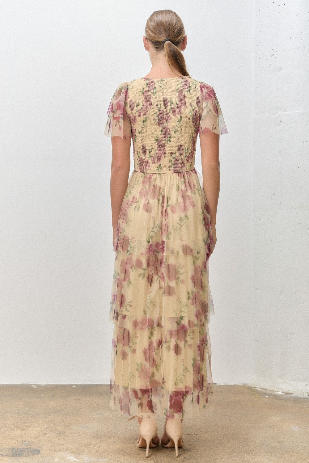 Yellow Floral Print Smocked Tiered Midi Dress
