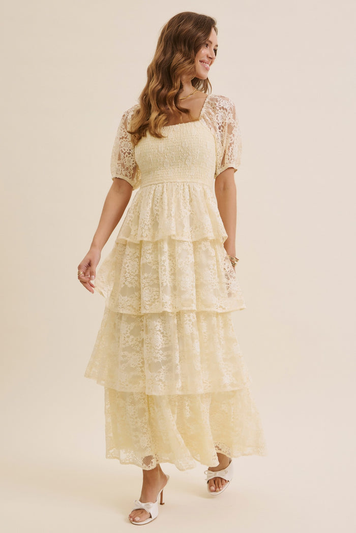Butter Cream Lace Tiered Smocked Midi Dress