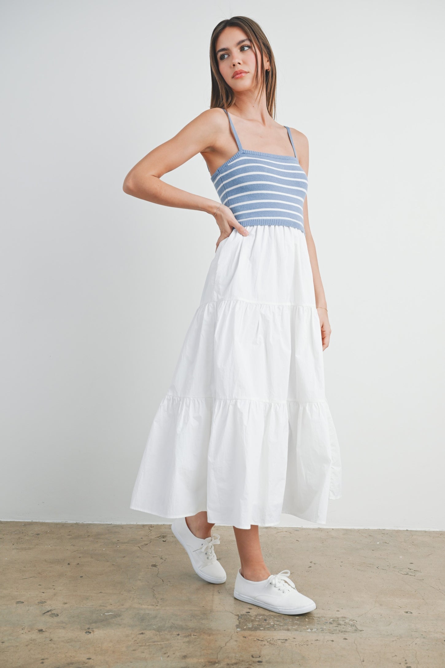Blue Striped Knit Top Tiered Midi Dress