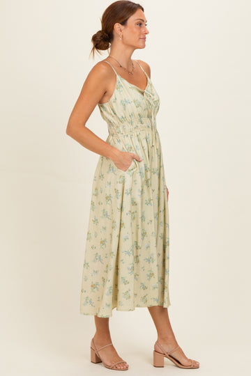 Cream Striped Floral Smocked Waist Midi Dress