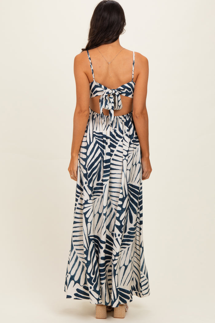 Navy Printed Cutout Tie Back Maxi Dress