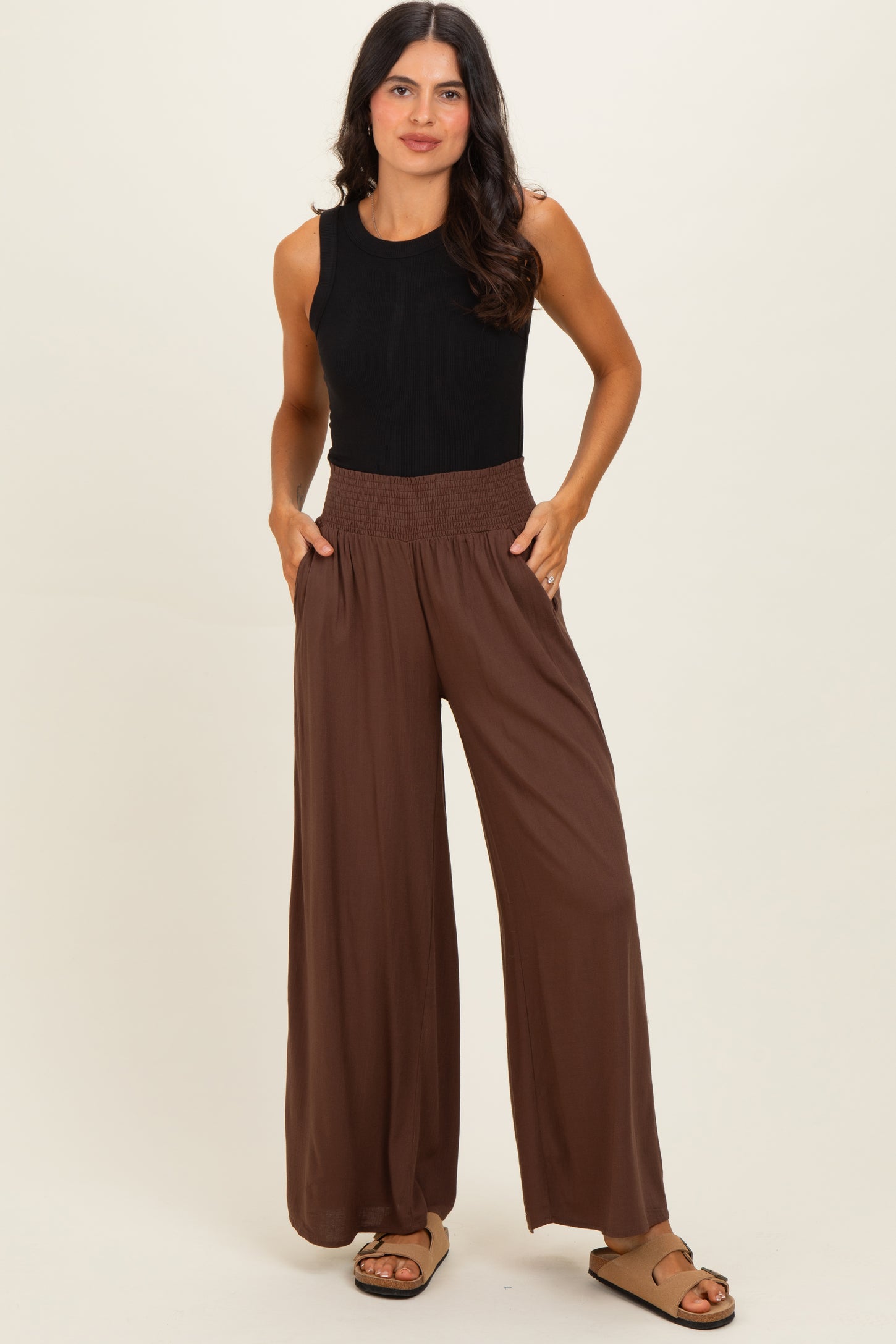 Brown Smocked Waistband Wide Leg Maternity Lounge Pants