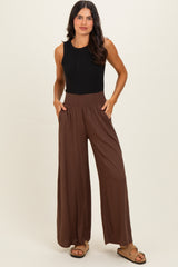 Brown Smocked Waistband Wide Leg Lounge Pants