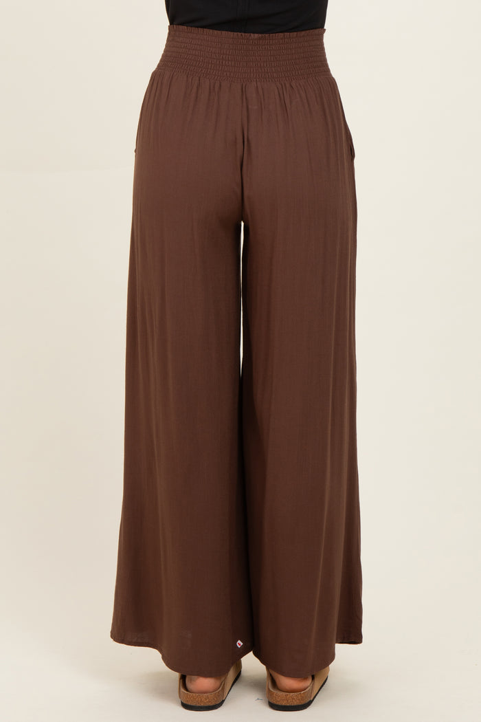 Brown Smocked Waistband Wide Leg Lounge Pants