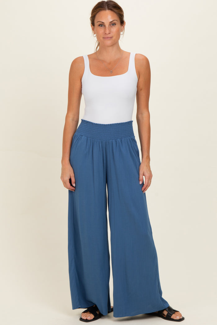 Denim Smocked Waistband Wide Leg Maternity Lounge Pants