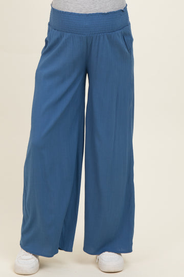 Denim Smocked Waistband Wide Leg Maternity Lounge Pants