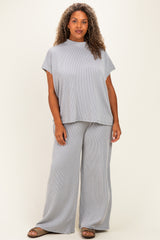 Grey Plus Raised Rib Short Sleeve Tee & Pants Set
