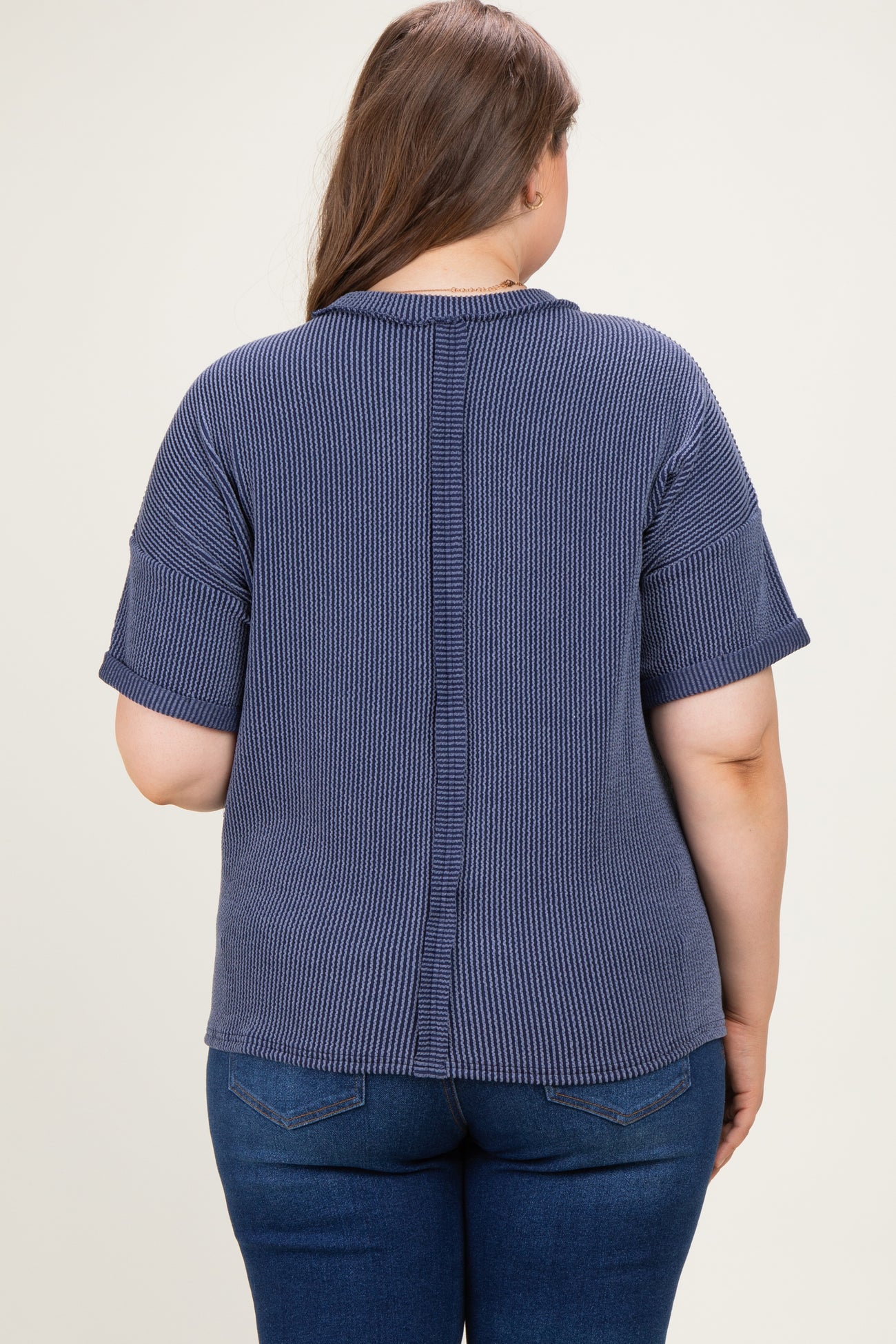 Navy Plus Raised Rib Short Sleeve Front Pocket Maternity Top