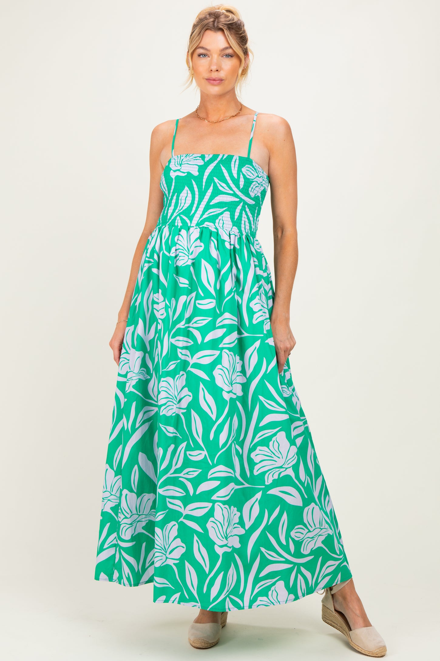 Kelly Green Floral Smocked Maternity Midi Dress