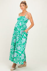 Kelly Green Floral Smocked Maternity Midi Dress