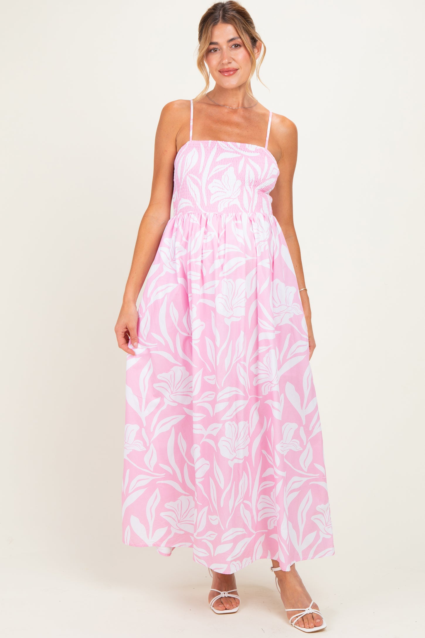 Light Pink Floral Smocked Maternity Midi Dress