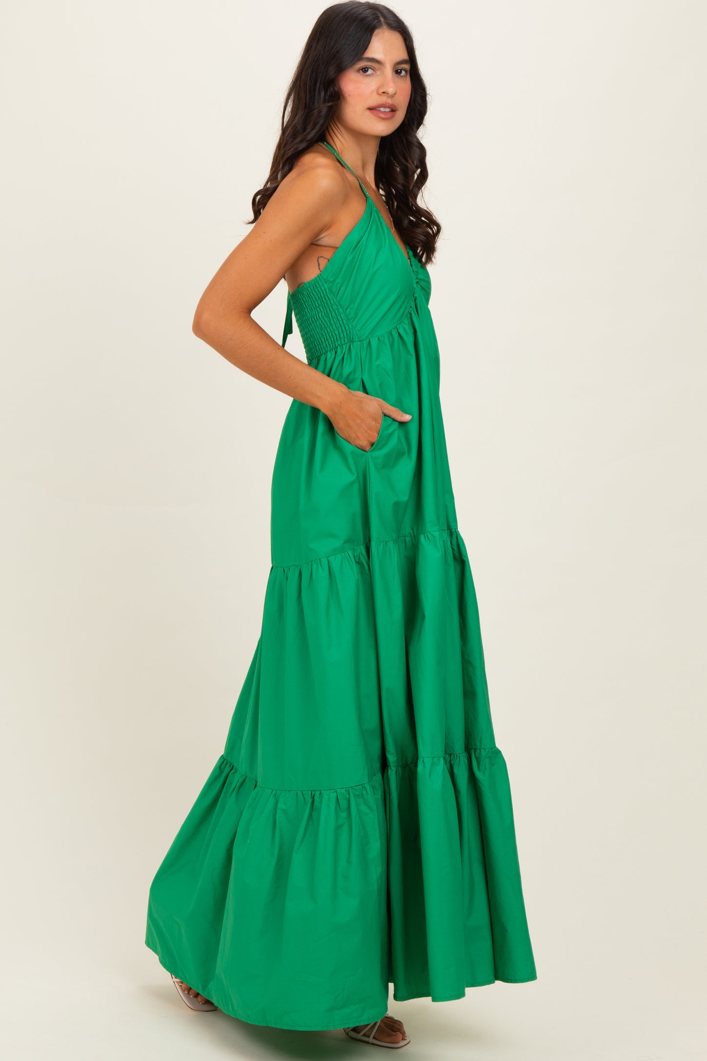 Green Cutout Halter Neck Maxi Dress