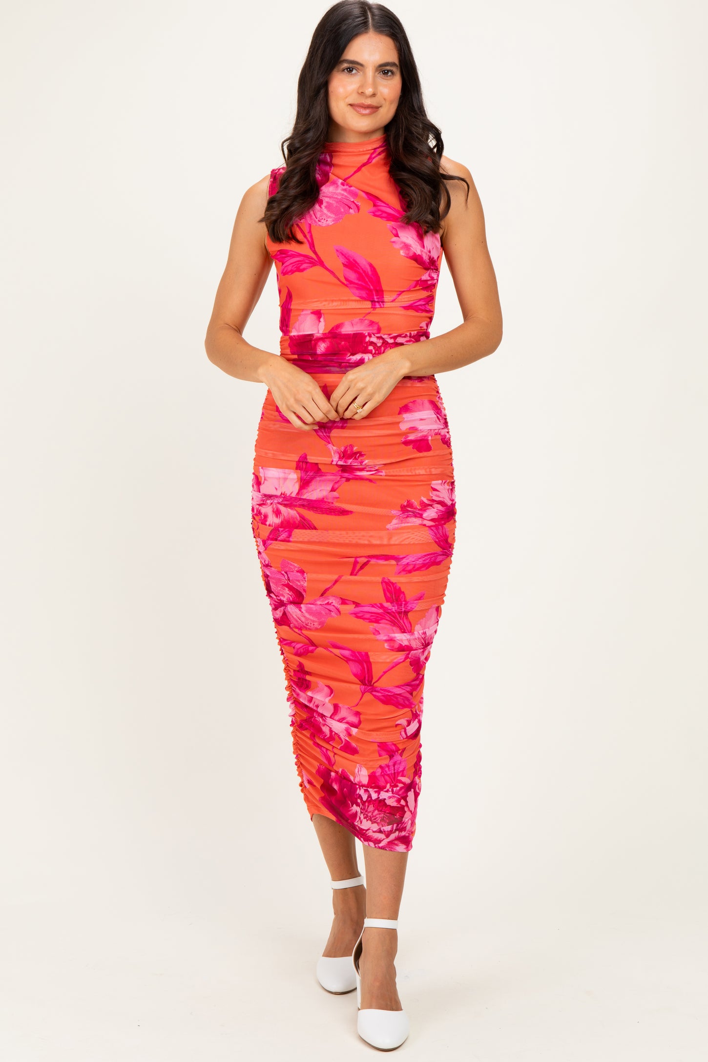 Orange Floral Ruched High Neck Midi Dress
