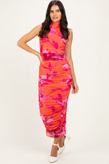 Orange Floral Ruched High Neck Midi Dress