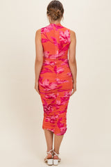 Orange Floral Ruched High Neck Maternity Midi Dress
