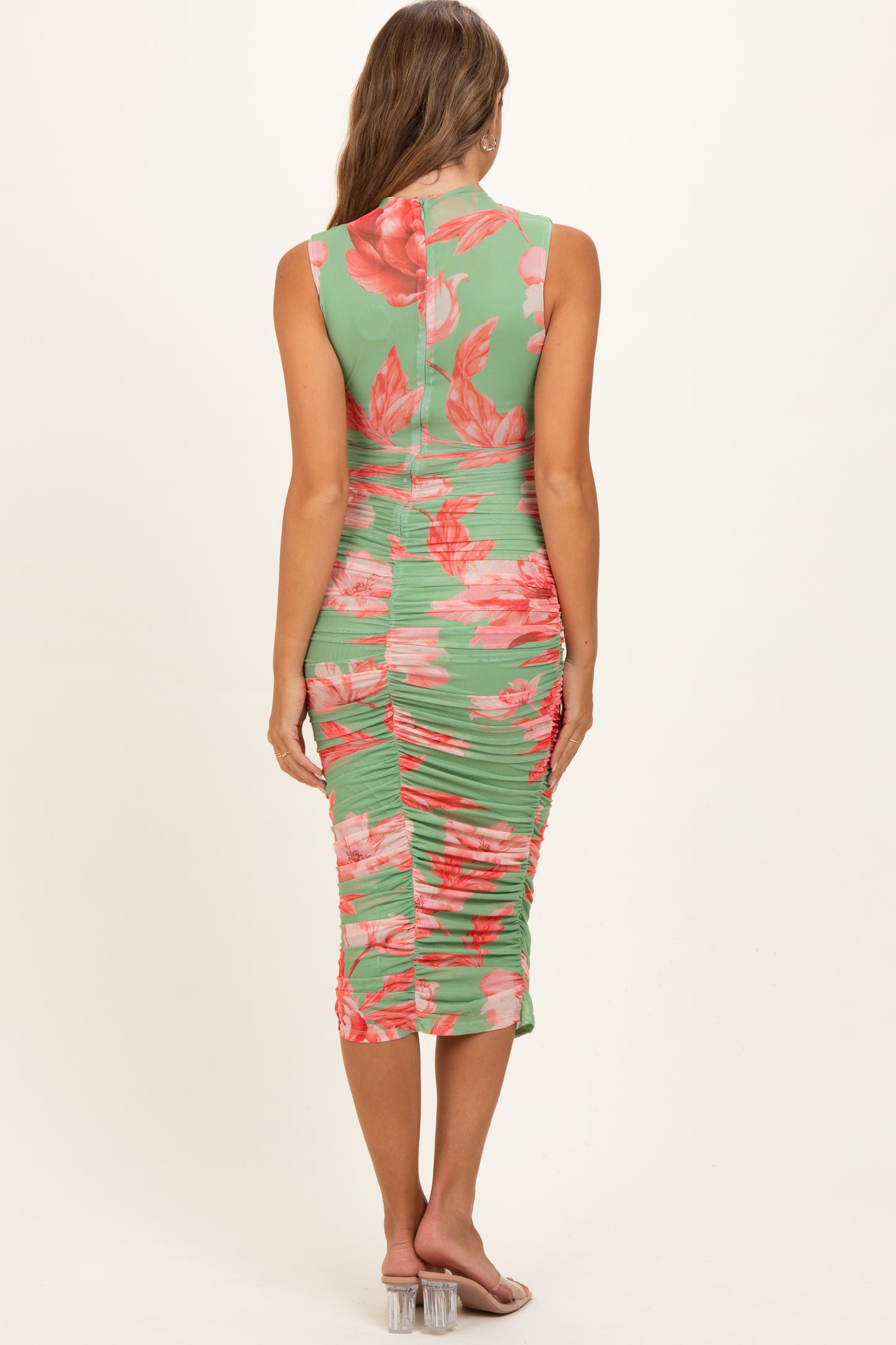 Sage Floral Ruched High Neck Maternity Midi Dress