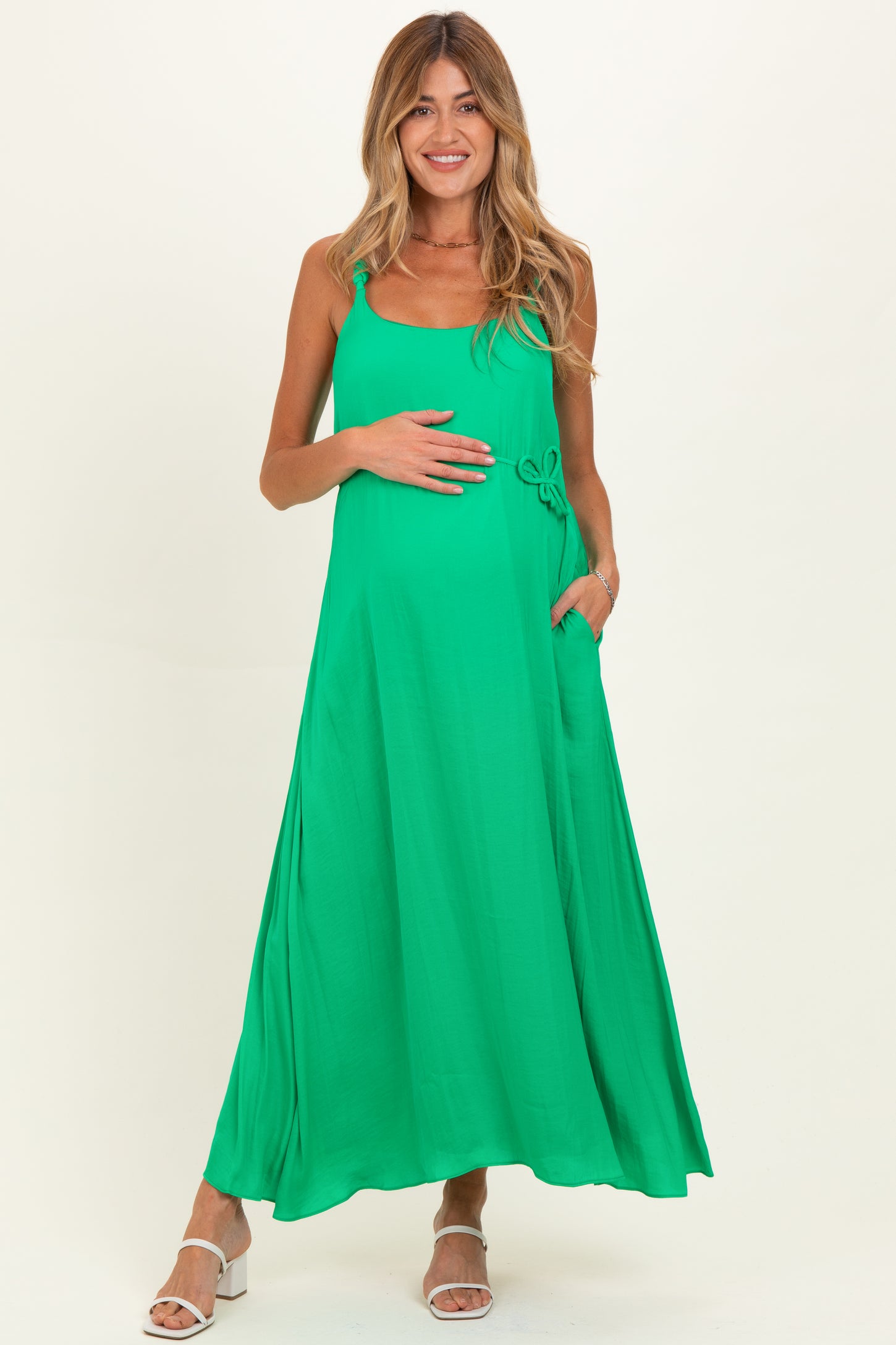 Green Sleeveless Flower Belt Maxi Dress