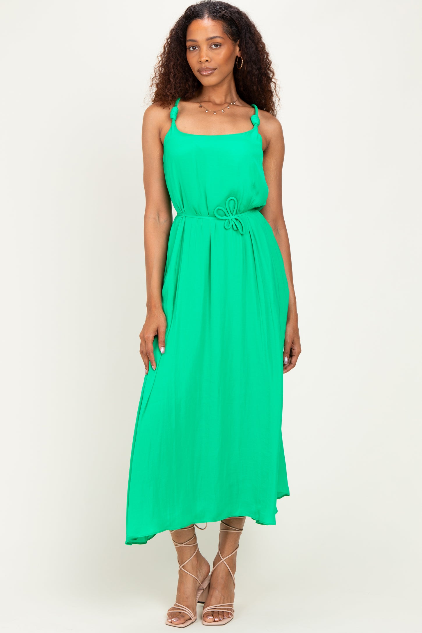 Green Sleeveless Flower Belt Dress