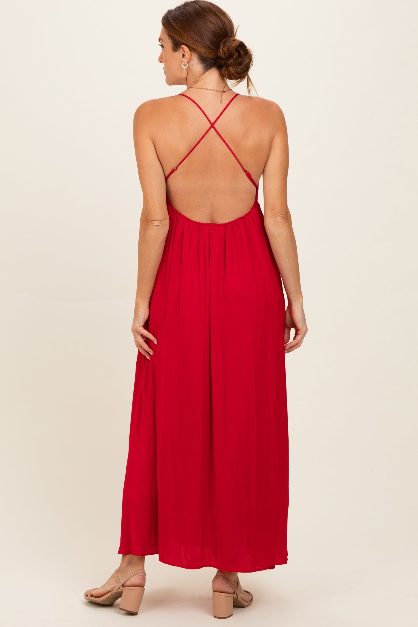 Red V-Neck Open Back Maxi Dress