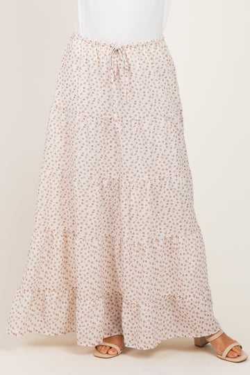 Cream Floral Drawstring Tiered Maxi Skirt