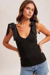 Black Bow Tie Detail Sleeveless V Neck Ribbed Maternity Top