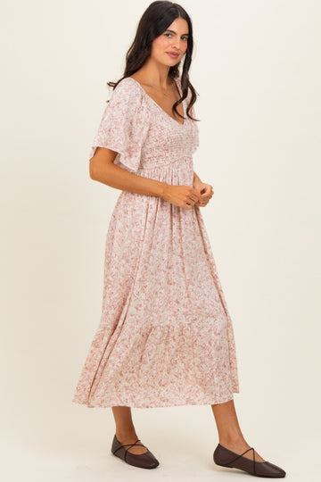 Mauve Flutter Sleeve Floral Print Smocked Chest Ruffled Hem Dress