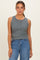 woman wearing a gray ribbed henley tank top with button details and high-waisted blue jeans