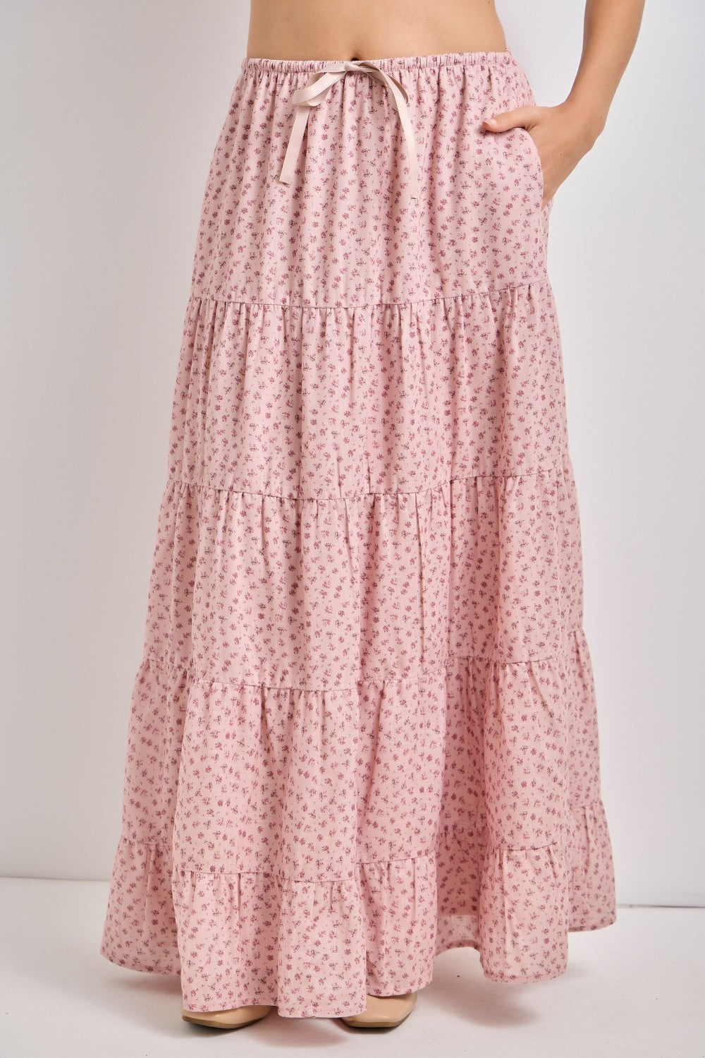 Blush Floral Drawstring Tiered Maxi Skirt